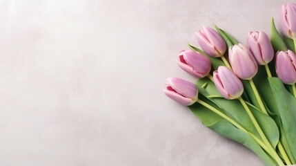 Copy Space Beautiful composition spring flowers. Bouquet of pink tulips flowers on pastel pink background. Valentine's Day, Easter, Birthday, Happy Women's Day, Mother's Day. Generative Ai