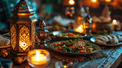Fototapeta na wymiar Close up Arabic meal on wooden table with dates and lamp at night of Iftar party, Muslims Ramadan food after fasting festive at Islam home dawn sunset time. Halal food.
