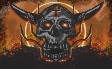 Skull with devil horns Satanic ritual design There is a stick on the head and the light and flames from hell are the background digital art style, illustration painted