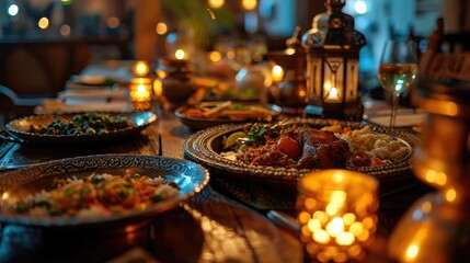 Fototapeta premium Ramadan Iftar Table with Traditional Moroccan Lanterns, Spiced Couscous, and Dates - Festive Culinary Celebration, Experience Culinary Delights: Arabic Dining, Lantern-Lit Evenings, Gourmet Ramadan