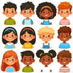 Set of children avatars. Bundle of smiling faces of boys and girls with different hairstyles, skin colors and ethnicities