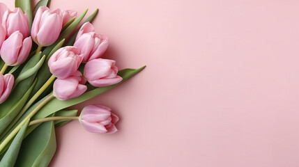 Copy Space Beautiful composition spring flowers. Bouquet of pink tulips flowers on pastel pink background. Valentine's Day, Easter, Birthday, Happy Women's Day, Mother's Day. Generative Ai