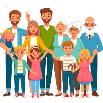 Portrait of big happy family with children, mother, father, grandfather and grandmother