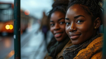 Two African American women wait at a bus stop and talk cheerfully while looking at the camera. - obrazy, fototapety, plakaty