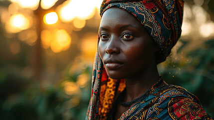 African woman with colorful shawl on her head - obrazy, fototapety, plakaty