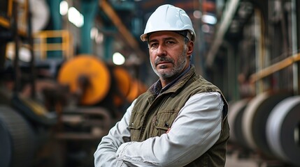 Portrait Professional mechanical engineering hispanic male in white safety hard hat helmet and look at camera at metal factory.