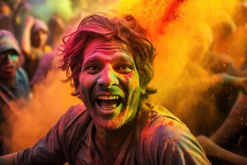 Man covered in vibrant Holi colors celebrates joyfully