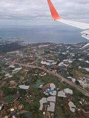 The scenery of Jeju Island seen from the air.