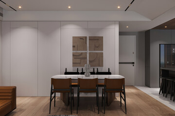 Modern and comfortable interior, dining room with brown chairs and a white table.
