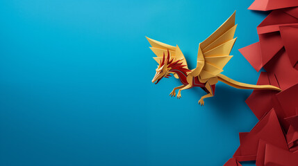 Obraz premium Paper Golden Chinese dragon on a red bokeh background,Chinese newyear background