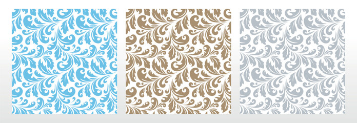 Wallpapers in the style of Baroque. Seamless vector backgrounds. Set of colored floral ornaments. Graphic patterns for fabric, wallpaper, packaging. Ornate Damask flower ornaments