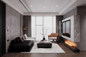 Naklejka na ściany i meble The stylish interior of the modern living room. bright and black interior.