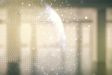 Double exposure of abstract digital world map hologram on empty room interior background, big data and blockchain concept