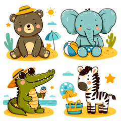 Obraz na płótnie Canvas Summer collection with cute cartoon baby animals on the beach. Bear, elephant, crocodile, zebra