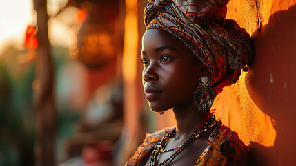 Portrait of African woman with a colorful traditional shawl on her head