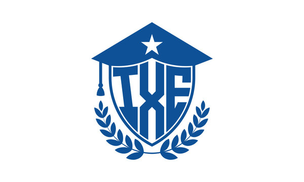 IXE three letter iconic academic logo design vector template. monogram, abstract, school, college, university, graduation cap symbol logo, shield, model, institute, educational, coaching canter, tech