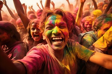 Exhilarated crowd with a man in the center enjoying Holi colors