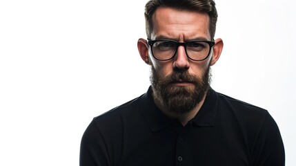 Serious looking bearded man, wearing black polo shirt