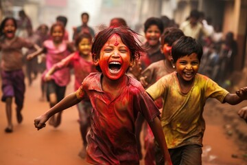 Fototapeta premium Ecstatic children running during the colorful Holi festivities