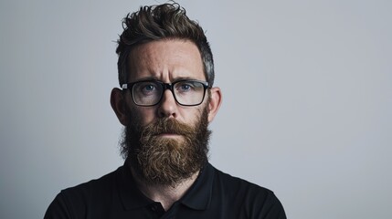 Obraz premium Serious looking bearded man, wearing black polo shirt