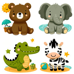 Summer collection with cute cartoon baby animals on the beach. Bear, elephant, crocodile, zebra