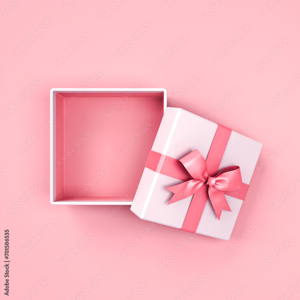 Leinwandbilder blank sweet pink present box or top view of open gift box with pink ribbon and bow isolated on pink 