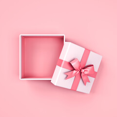 Blank sweet pink present box or top view of open gift box with pink ribbon and bow isolated on pink pastel color background with shadow minimal for valentines day concepts 3D rendering