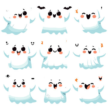 Set of cute funny happy ghosts. Childish spooky boo characters