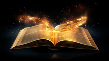 Magic Book With Open Pages And Lights Shining In Darkness. Fairytale Concept