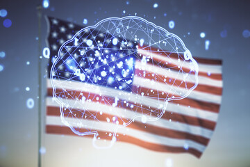 Virtual creative artificial Intelligence hologram with human brain sketch on US flag and blue sky...