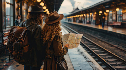 A couple of travelers with a map got lost at the train station. Travel and active lifestyle concepts - obrazy, fototapety, plakaty