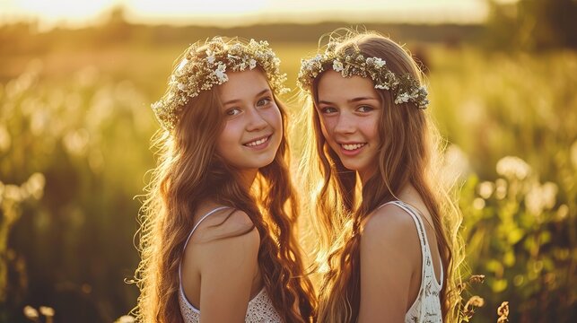Two teenage sisters girl outdoors summer smiling portrait