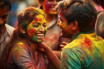 Obraz premium Laughter and color fill the air at a Holi festival gathering