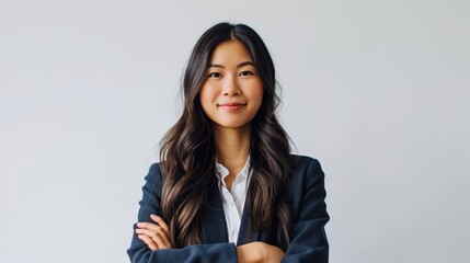 Young asian woman, professional entrepreneur standing in office clothing, smiling and looking confident, white background - Powered by Adobe