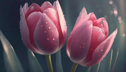 Kwiaty tulipany, w rosie, karta kocham cię, generative ai - obrazy, fototapety, plakaty