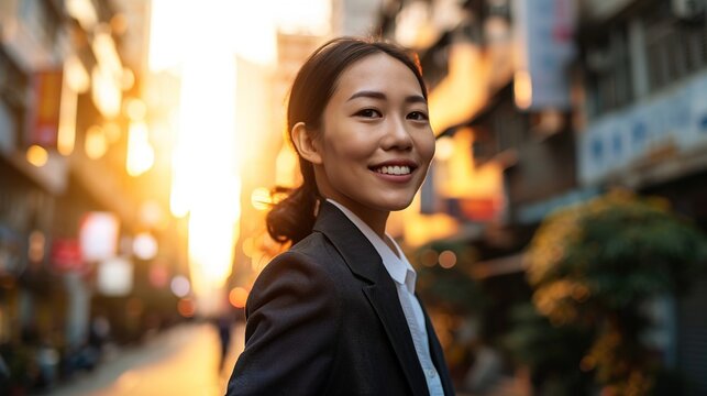 Young smiling proud successful Asian business woman, professional entrepreneur, office employee wears suit standing on city street looking in future career, thinking of success and leadership