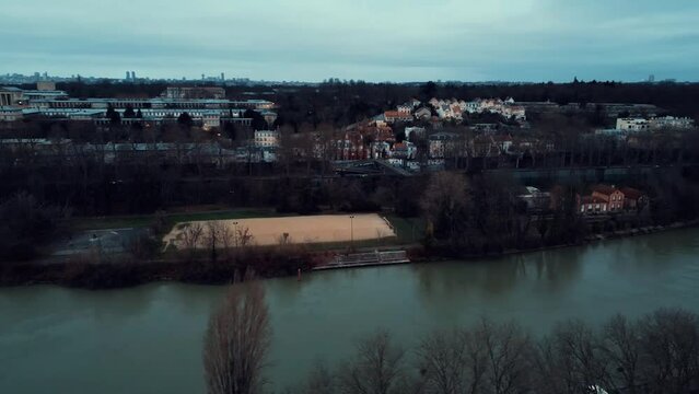 A very beautiful drone view that I took in Paris of this beautiful soccer field by the banks of the Marne River, the largest river in Paris.