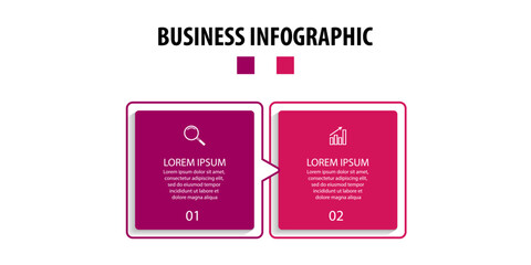 business infographic design 2 parts or steps, there are icons, text and numbers, colorful square design with interconnected color lines, for diagrams, banners and your business workflow