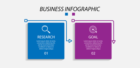 business infographic design 2 parts or steps, there are icons, text and numbers, colorful square design with interconnected color lines, for diagrams, banners and your business workflow
