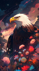 Hand drawn cartoon illustration of bald eagle among flowers under the starry sky at night
