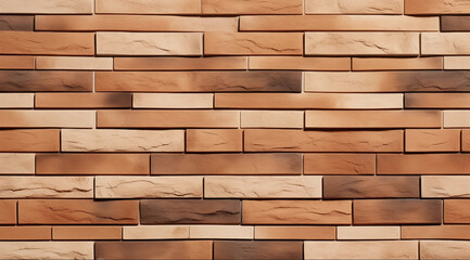 Stone wall thin, long, rectangular stone tiles arranged in a non-repeating pattern with various shades of tan and brown - obrazy, fototapety, plakaty