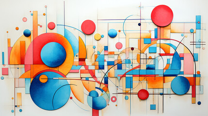 Obraz premium Abstract multicolored geometric doodles painting on canvas. Irregular splashes of ink, round, rectangle, triangle paint spots. Generative AI