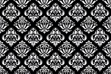 Poster Wallpaper in the style of Baroque. Seamless vector background. White and black floral ornament. Graphic pattern for fabric, wallpaper, packaging. Ornate Damask flower ornament © ELENA