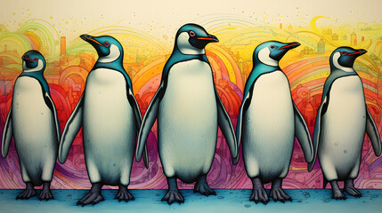 Five penguins are walking. Generative AI.