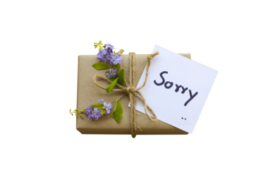 i am sorry message card handwriting with gift box arrangement flat lay postcard style o