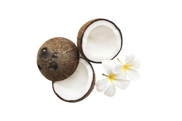 coconut fresh fruits for health care with flower frangipani arrangement flat lay style