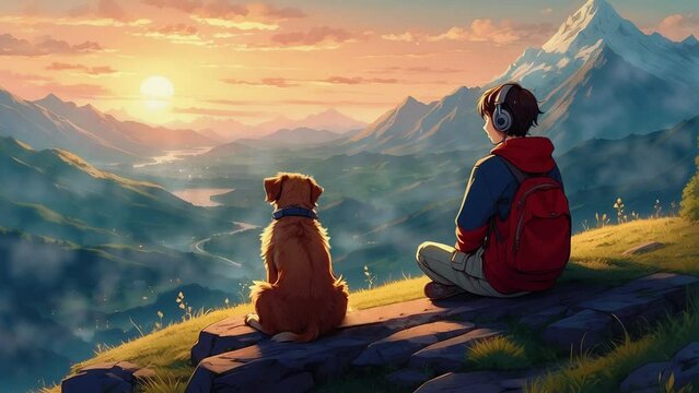 A boy sitting to enjoy the sunset at the top of a mountain with his dog, Alone boy with dog, lofi loop animation, looping video.