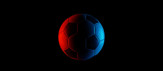 Black background with red and blue lights on a soccer ball in the center, 3d rendering