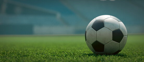 Close-up shot of a soccer ball on the soccer stadium field copy space background, 3d rendering