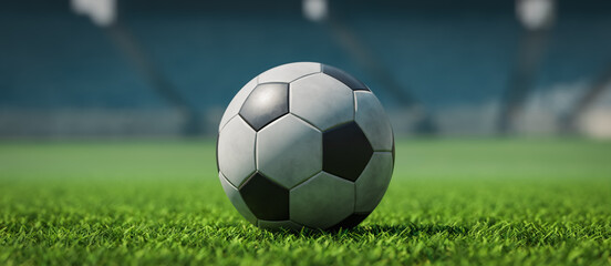 Close-up shot of a soccer ball on the soccer stadium field copy space background, 3d rendering